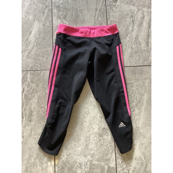 Adidas Womens Climalite Black Pink Striped Athletic Capri Pants S - Picture 1 of 5